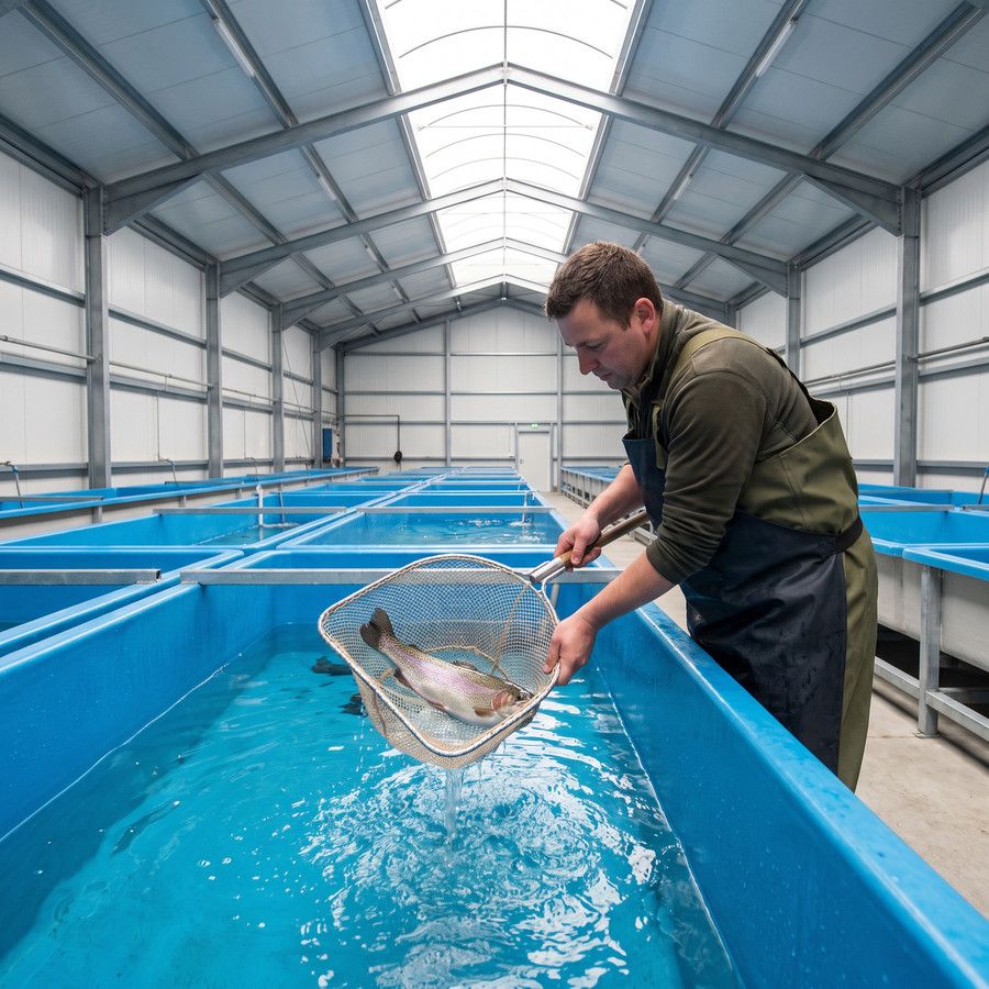 Truite remontée à l'épuisette dans un bassin d'élevage