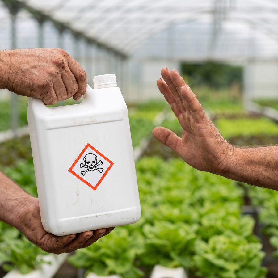 Une main repousse un bidon de produit phytosanitaire dans la serre
