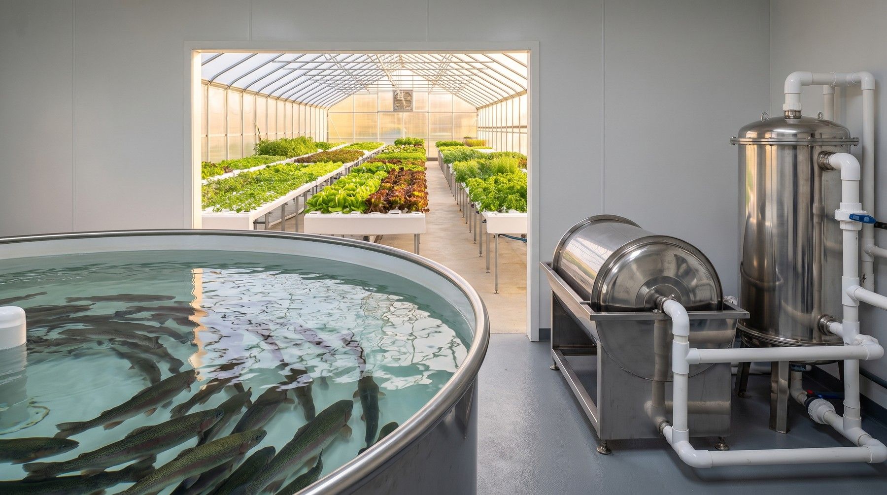 Bassin d'élevage de truites, filtre à tambour et biofiltre dans une ferme aquaponique, avec les gouttières de culture de la serre en arrière-plan
