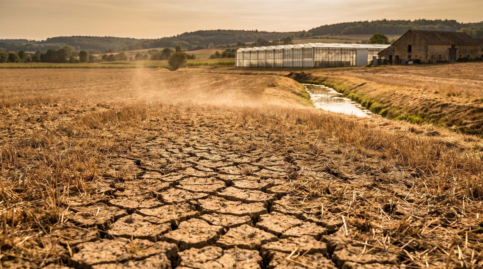 Champ à la terre craquelée par la sécheresse, ruisseau presque à sec et serre de production en arrière-plan