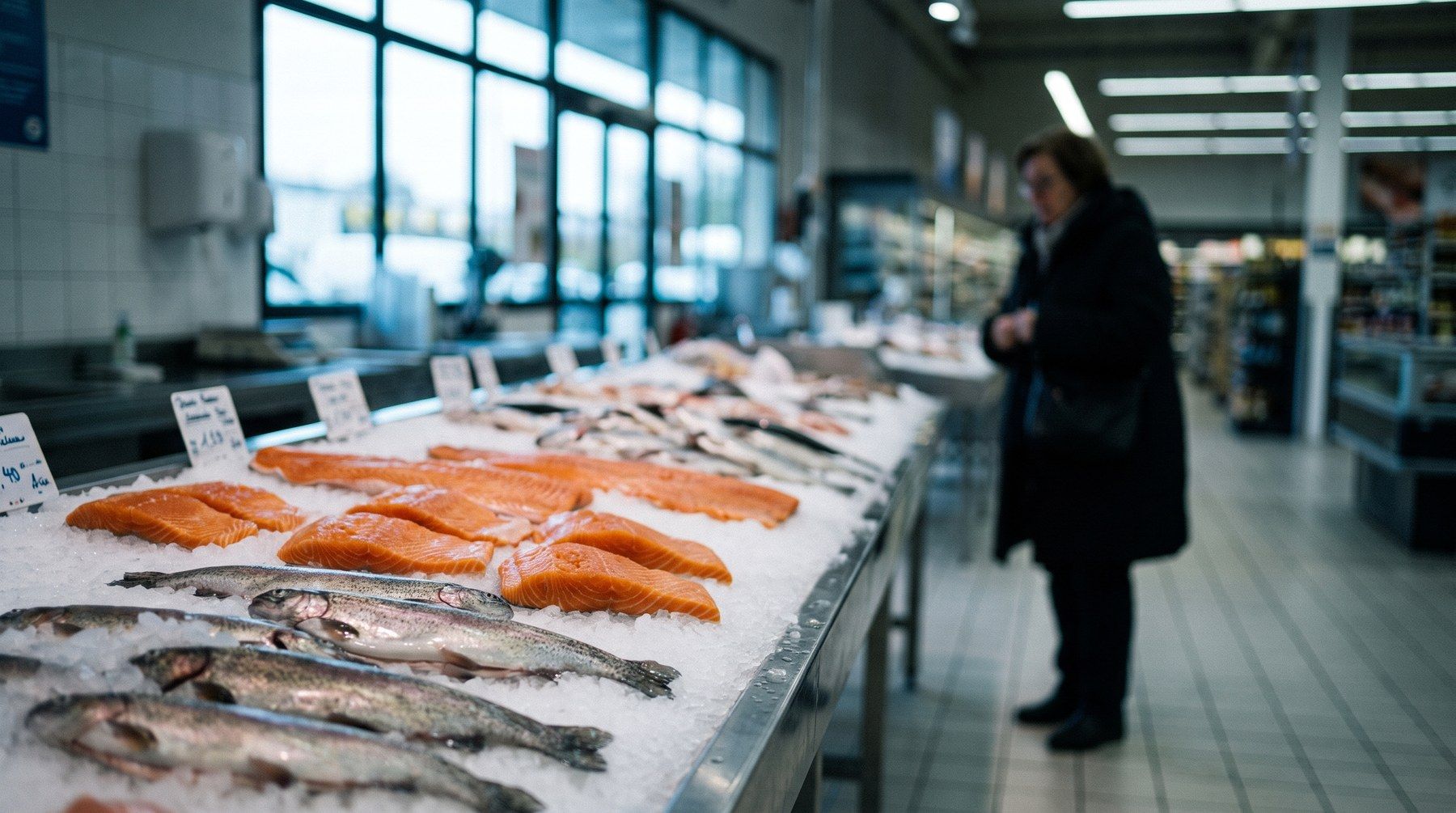 Étal de poissonnerie en grande surface, filets de saumon et truites sur glace, illustrant la dépendance française aux importations