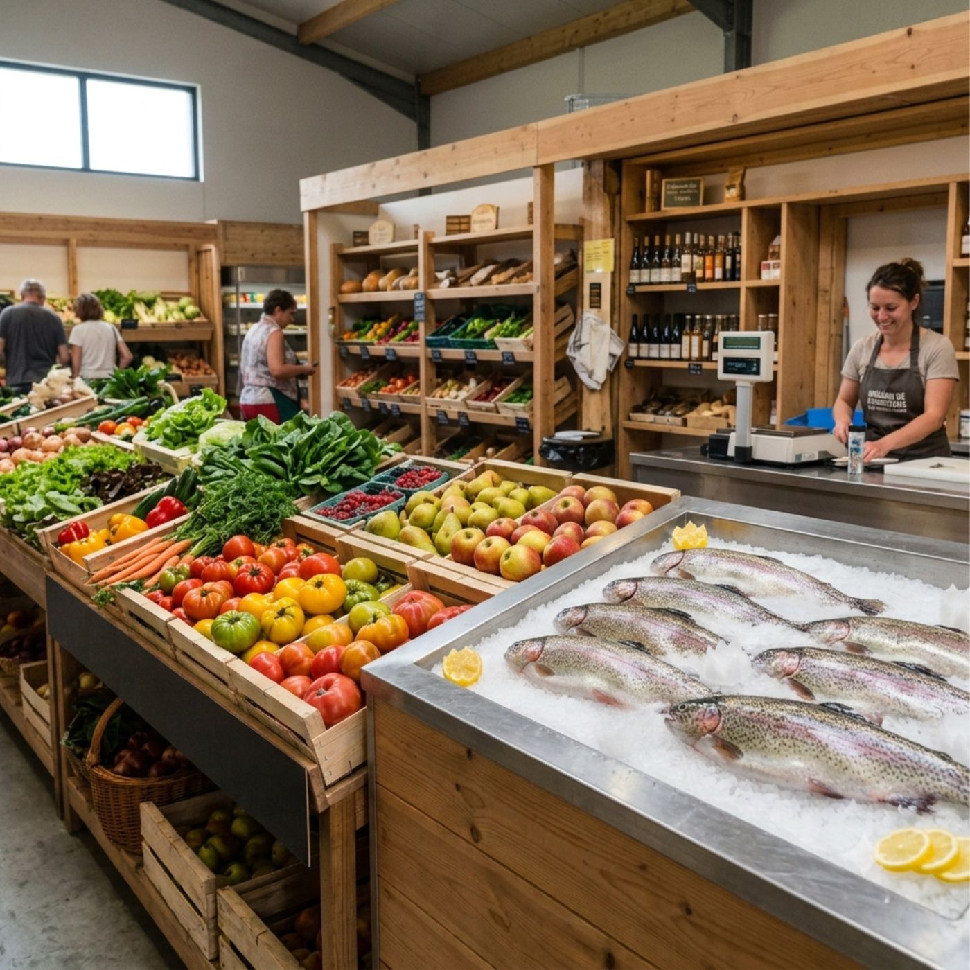 Étal de fruits, légumes et truites fraîches dans une boutique de producteur