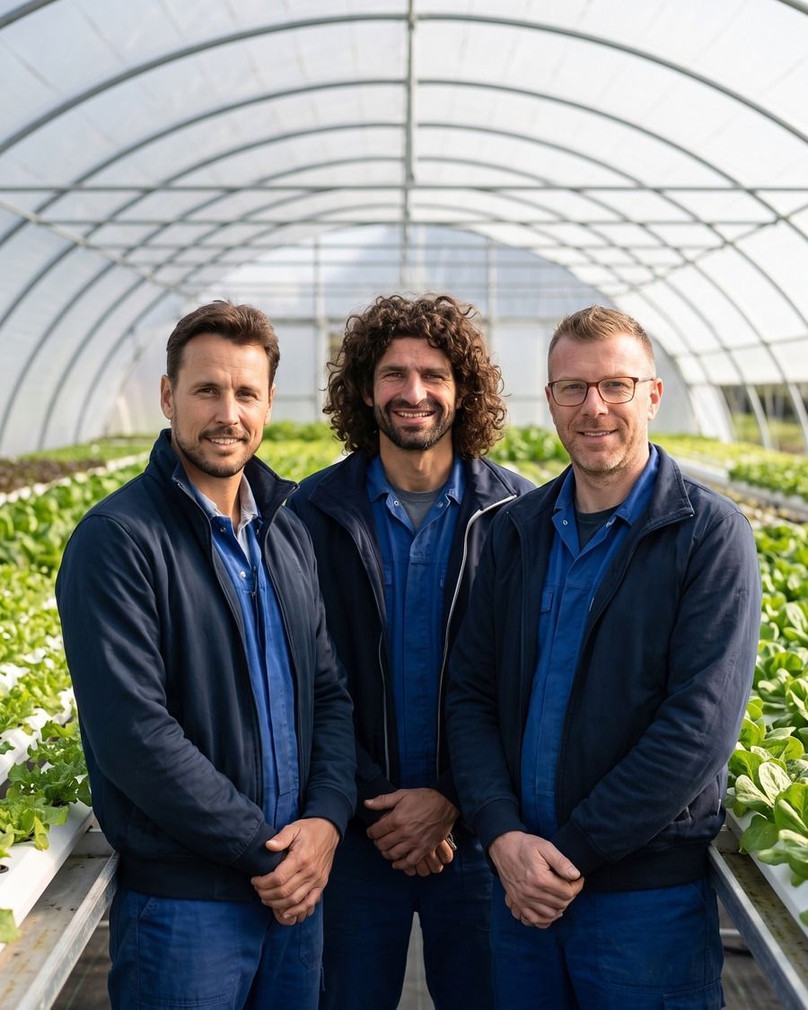 L'équipe de Bioponi et HydrOccitanie dans une serre aquaponique
