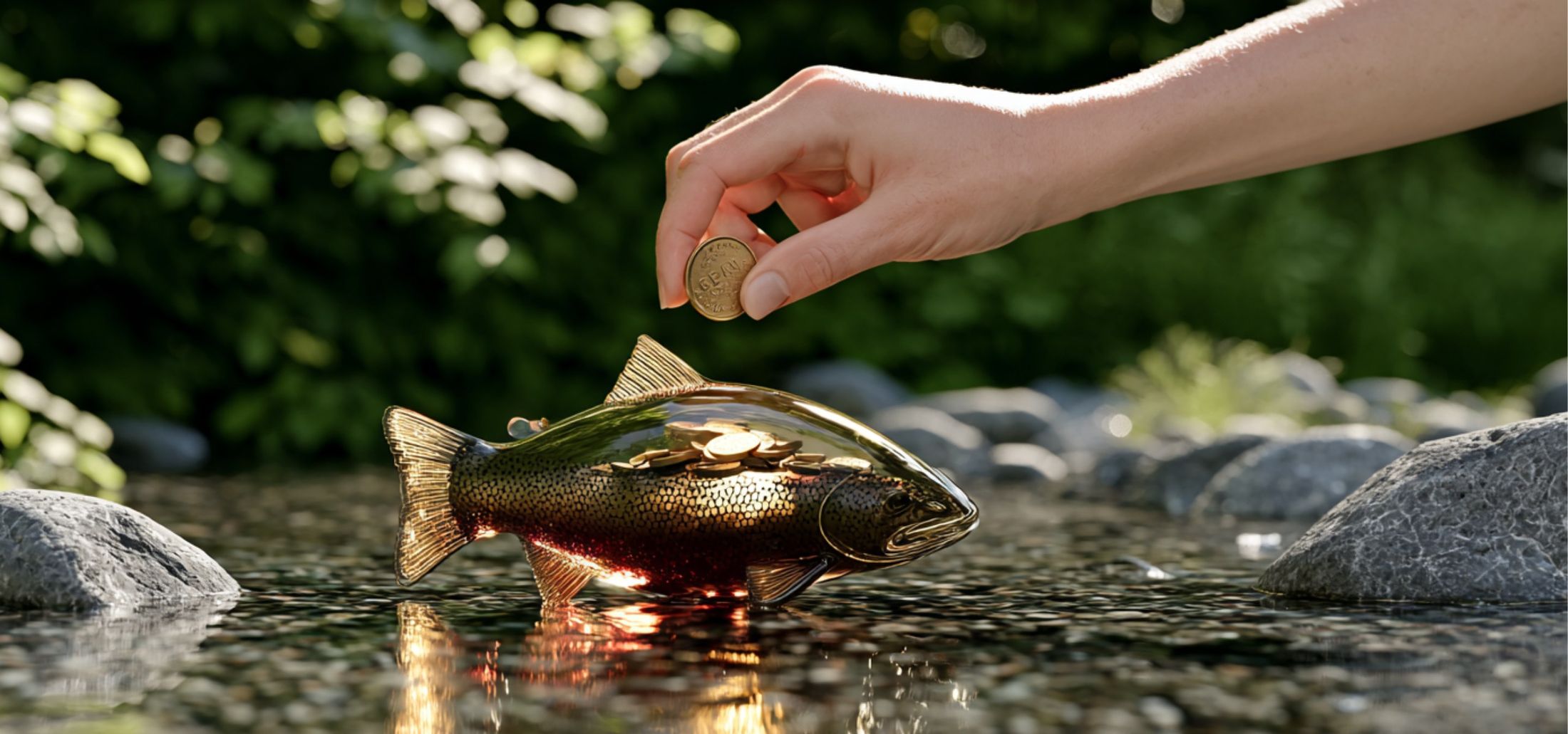 Tirelire en forme de truite dans un cours d'eau, pièce à la main