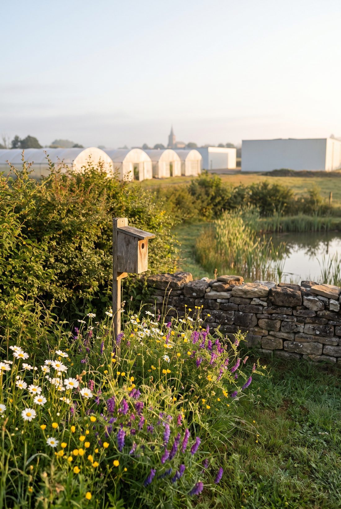 Haie, bande fleurie, nichoir et muret de pierres sèches devant un bassin, avec les serres de la ferme en arrière-plan