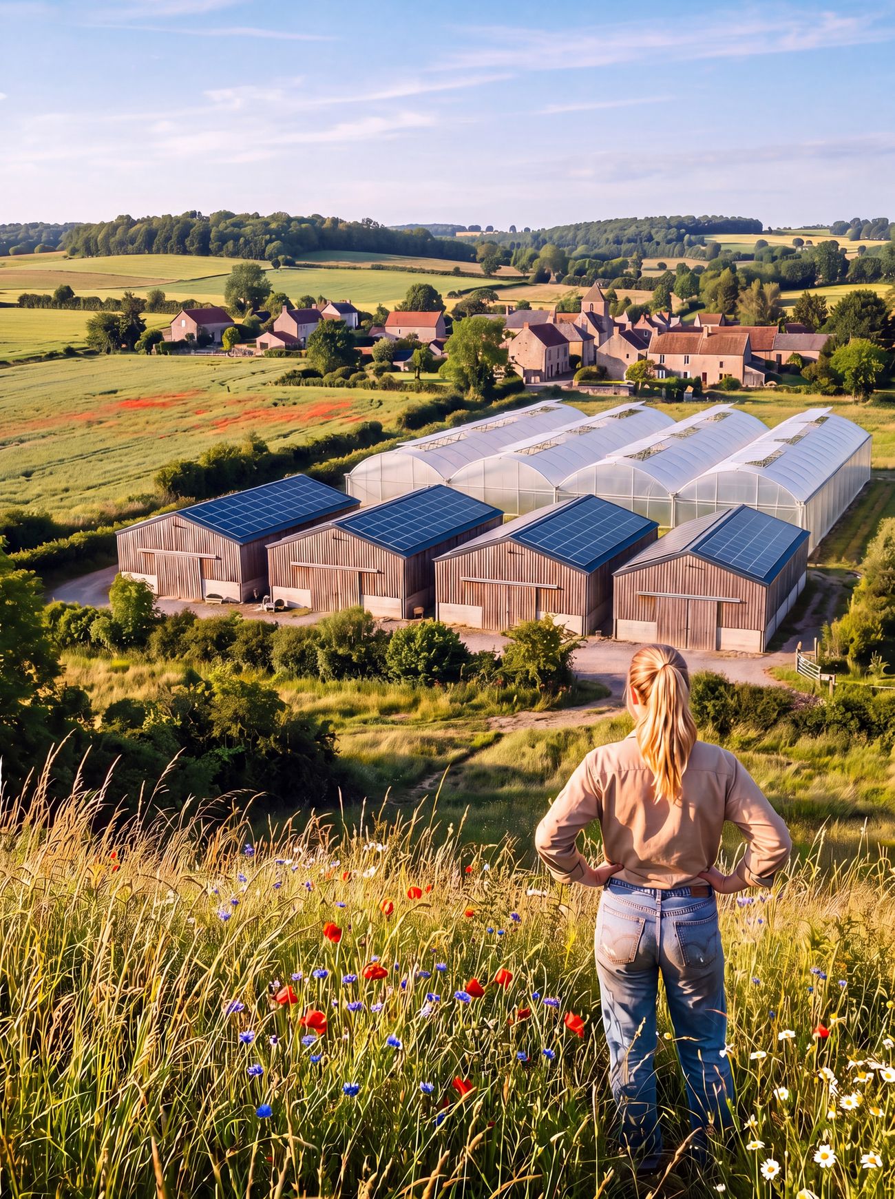 Le fondateur devant la ferme, dans une prairie fleurie en été