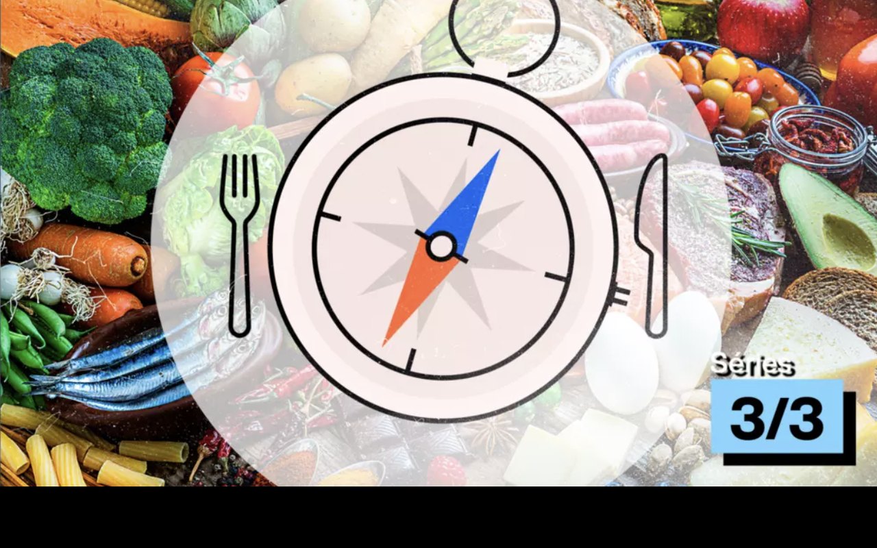 Étal d'aliments variés et boussole, illustration de la série de France 24