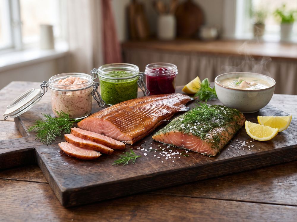 Filets fumés, gravlax et bocaux de la ferme