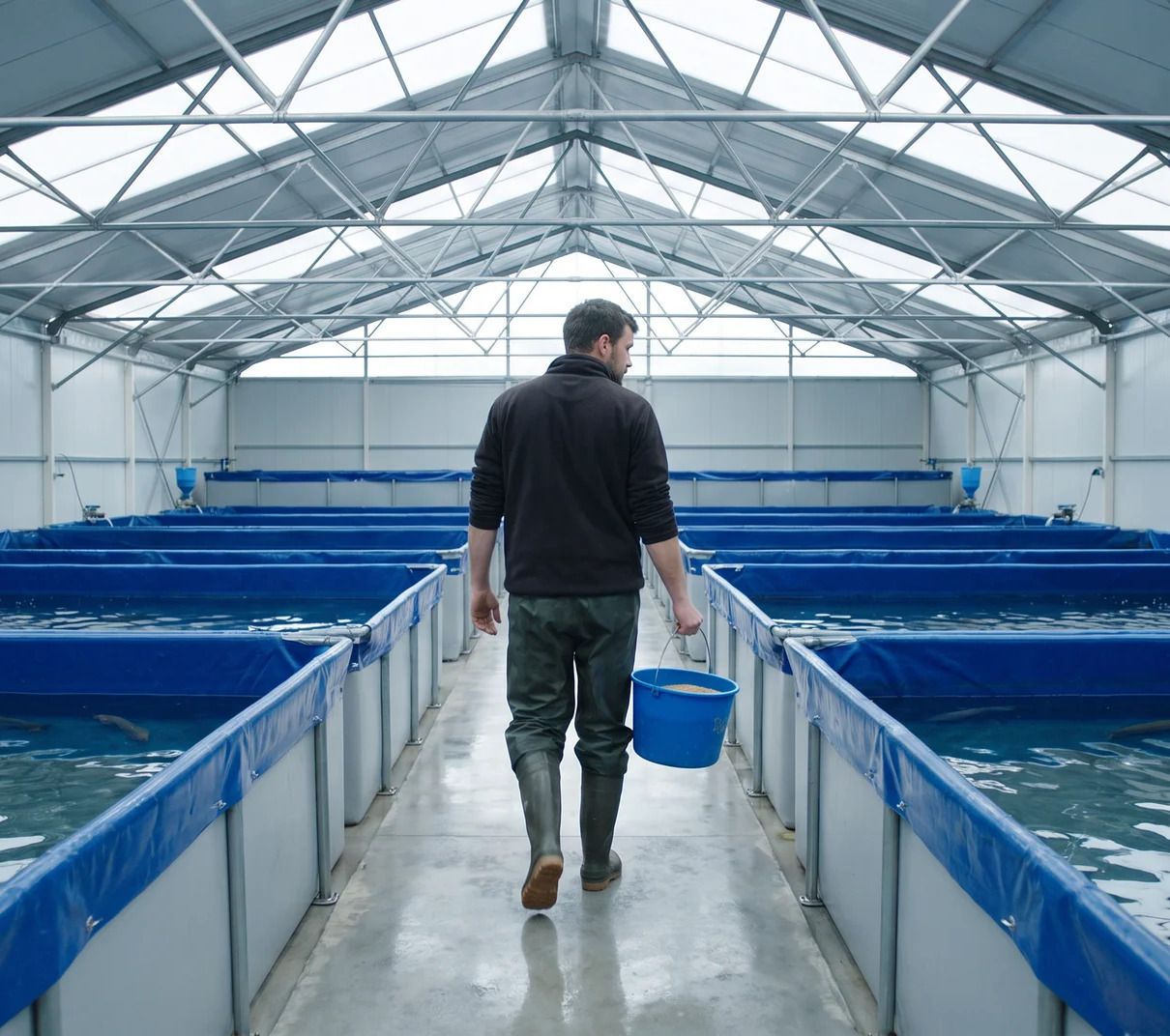 Technicien nourrissant les bassins de la ferme