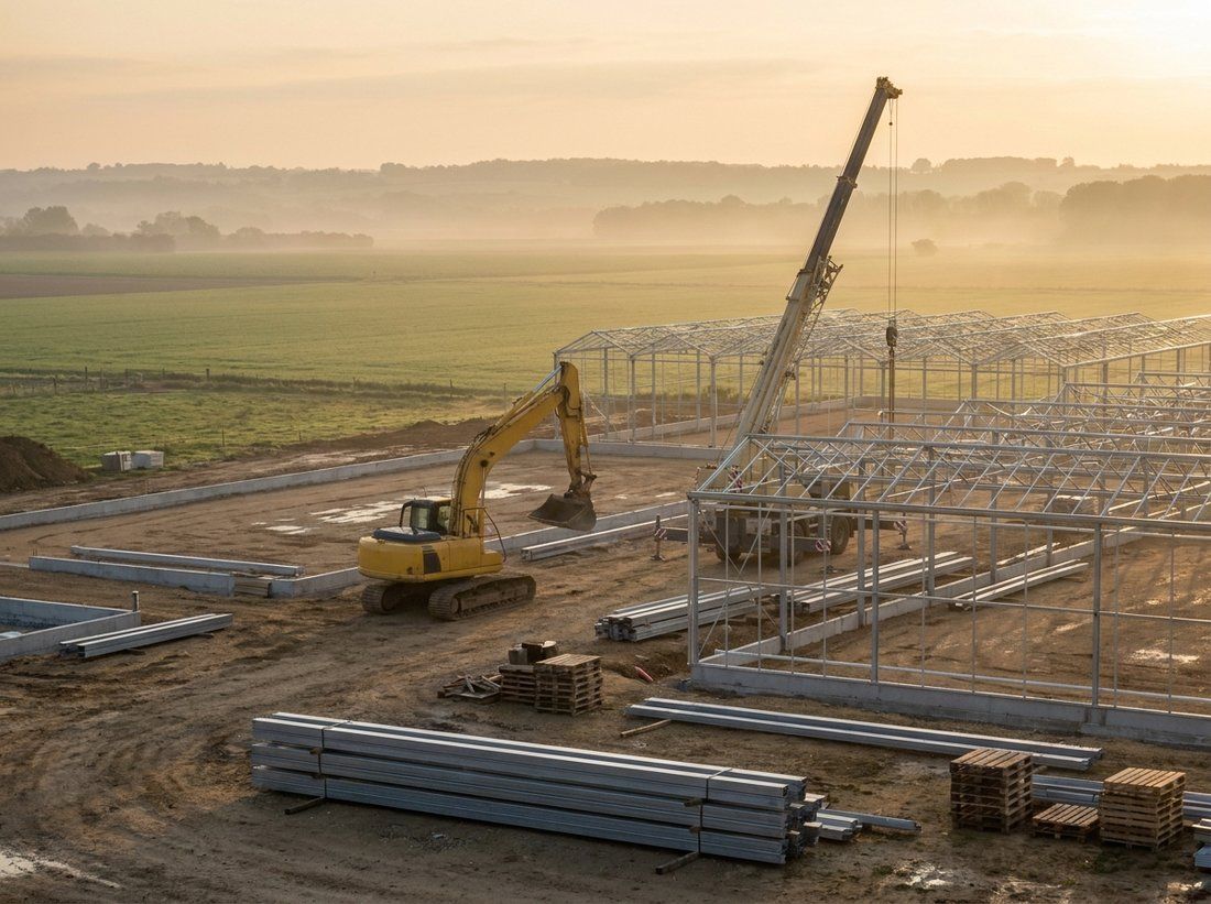 Chantier de construction d'une ferme, pelleteuse et structures de serre en cours de montage