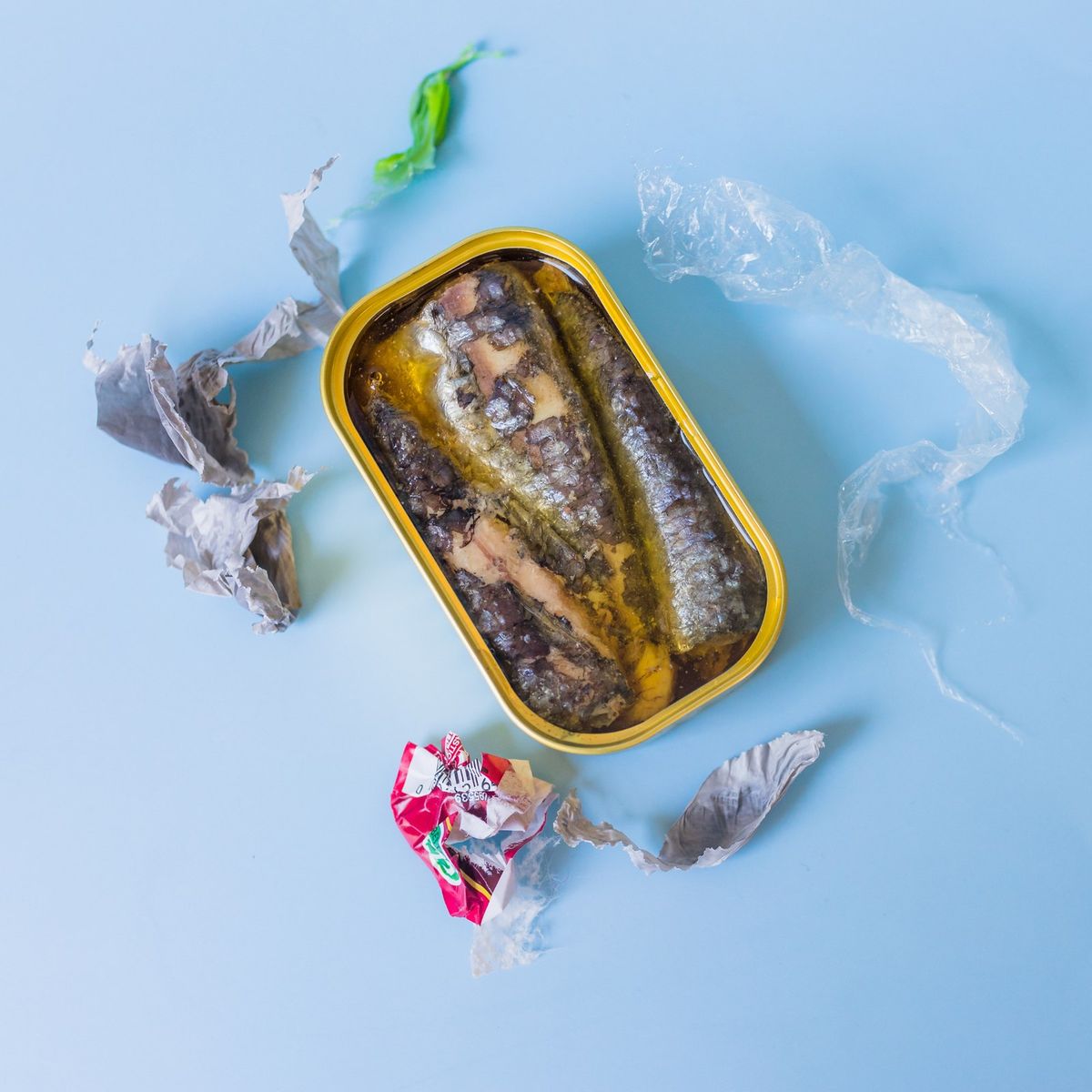 Boîte de sardines entourée de déchets plastiques